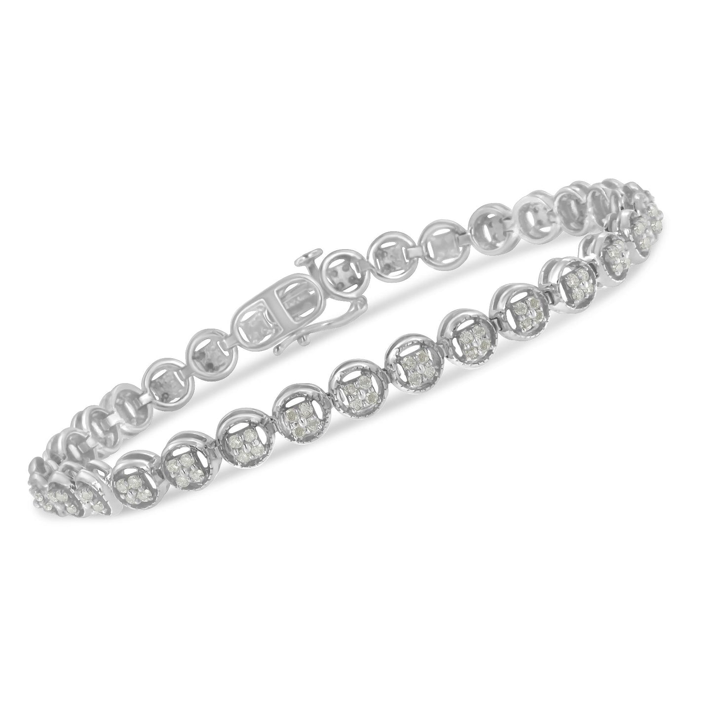 White metal bracelet with round white gemstones in prong settings, shown at an angled top-down view.