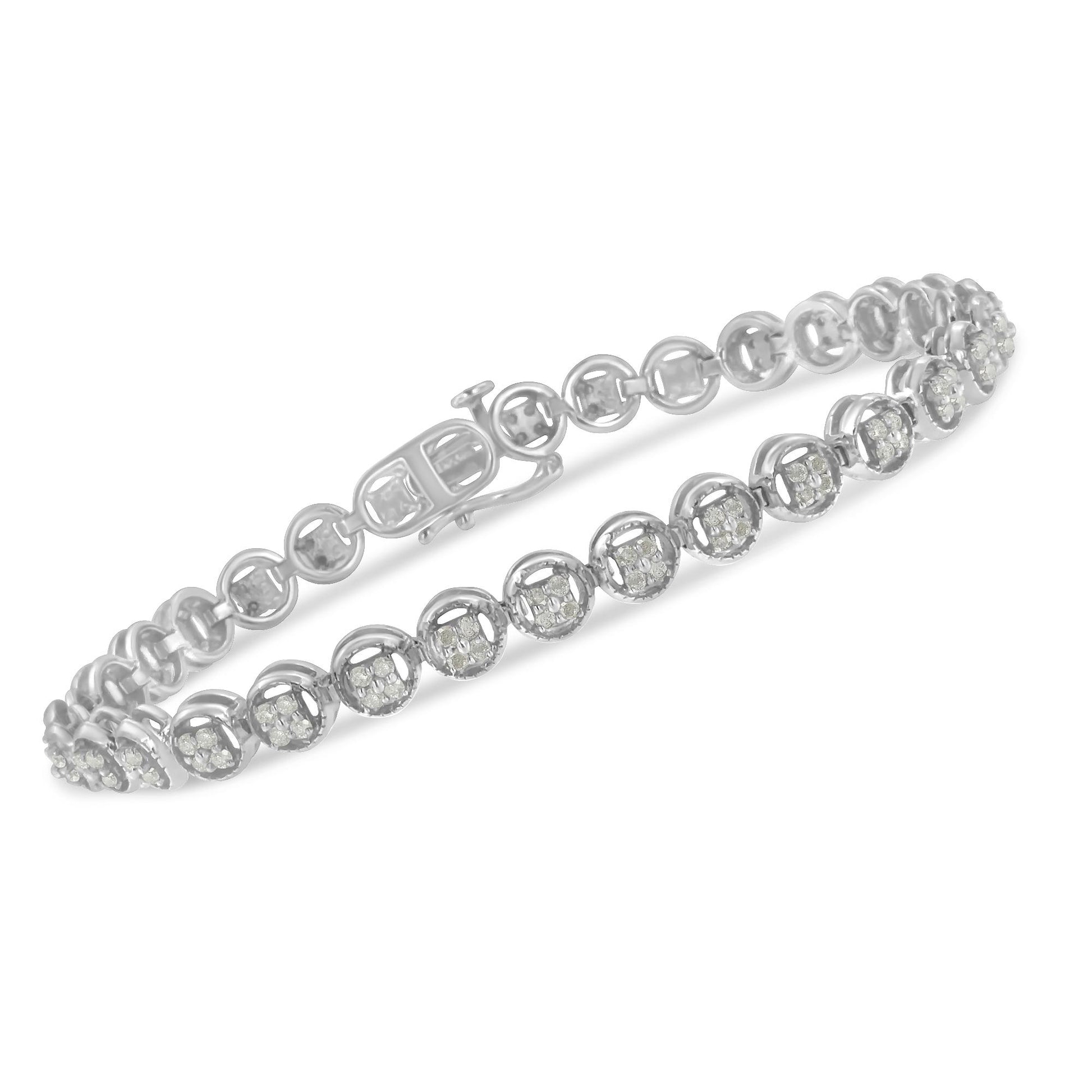 White metal bracelet with round white gemstones in prong settings, shown at an angled top-down view.