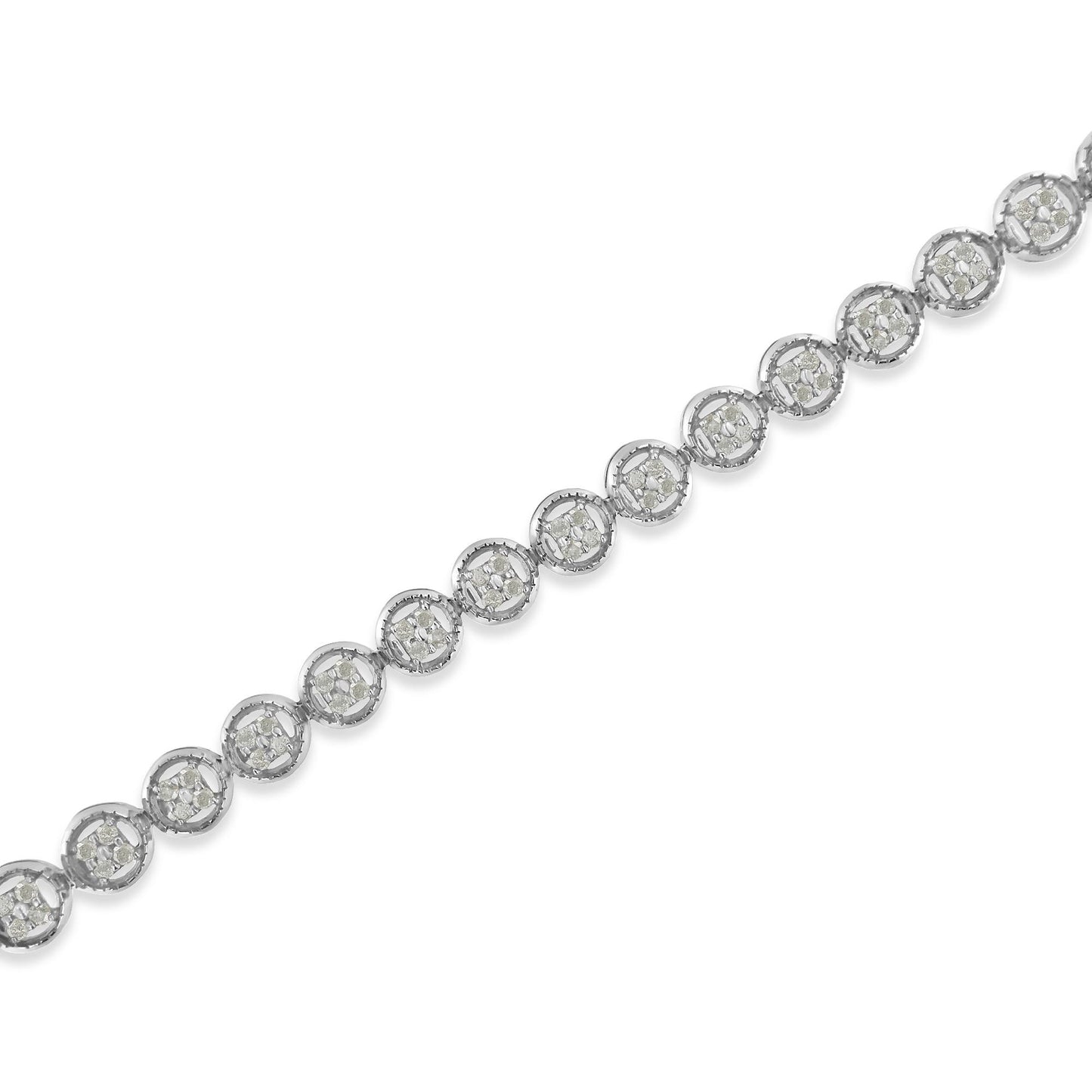 Diagonal close-up of a white metal bracelet featuring round white gemstones in prong settings arranged in circular clusters.