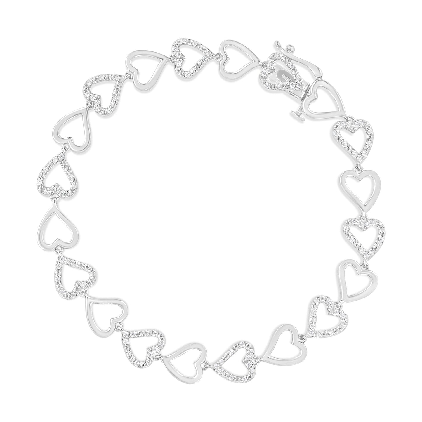 Top-down view of a white metal bracelet featuring alternating open heart shapes with prong-set round white gemstones.