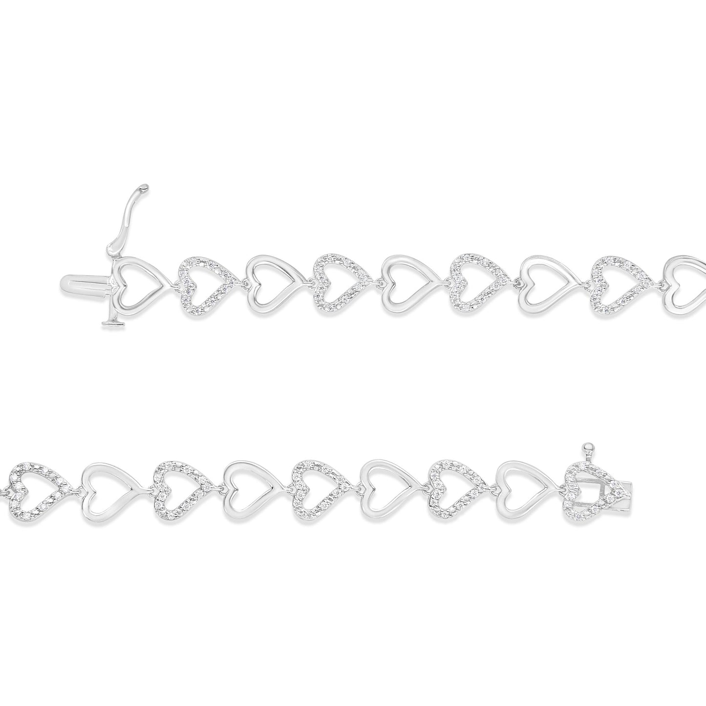 Top and side angle view of a white metal bracelet featuring alternating solid and white gemstone-encrusted open heart shapes, shown unclasped.