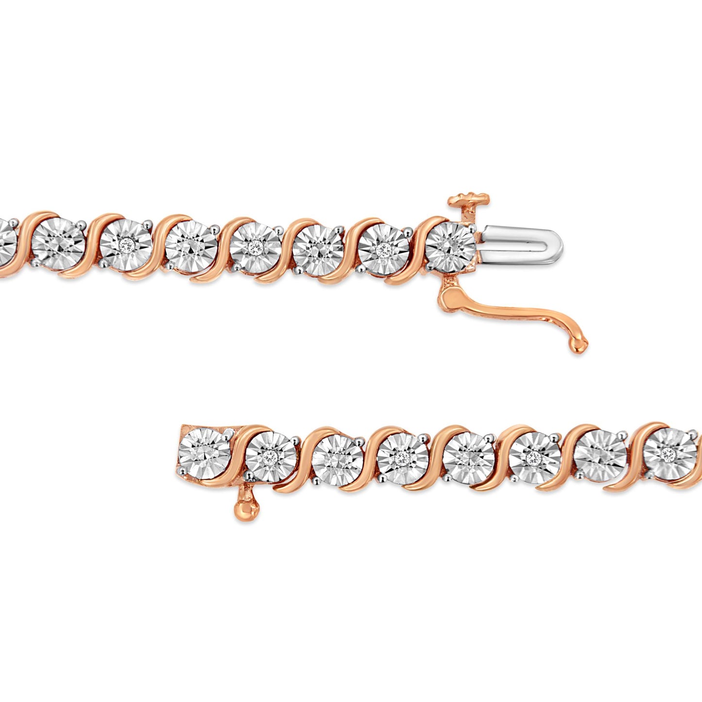 Close-up image of a rose-colored bracelet with round white gemstones set in a miracle setting, shown flat with clasp open, viewed from above.
