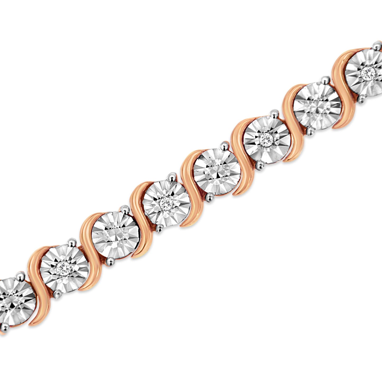 Bracelet with round white gemstones in miracle setting alternating with curved rose metal accents, angled view.