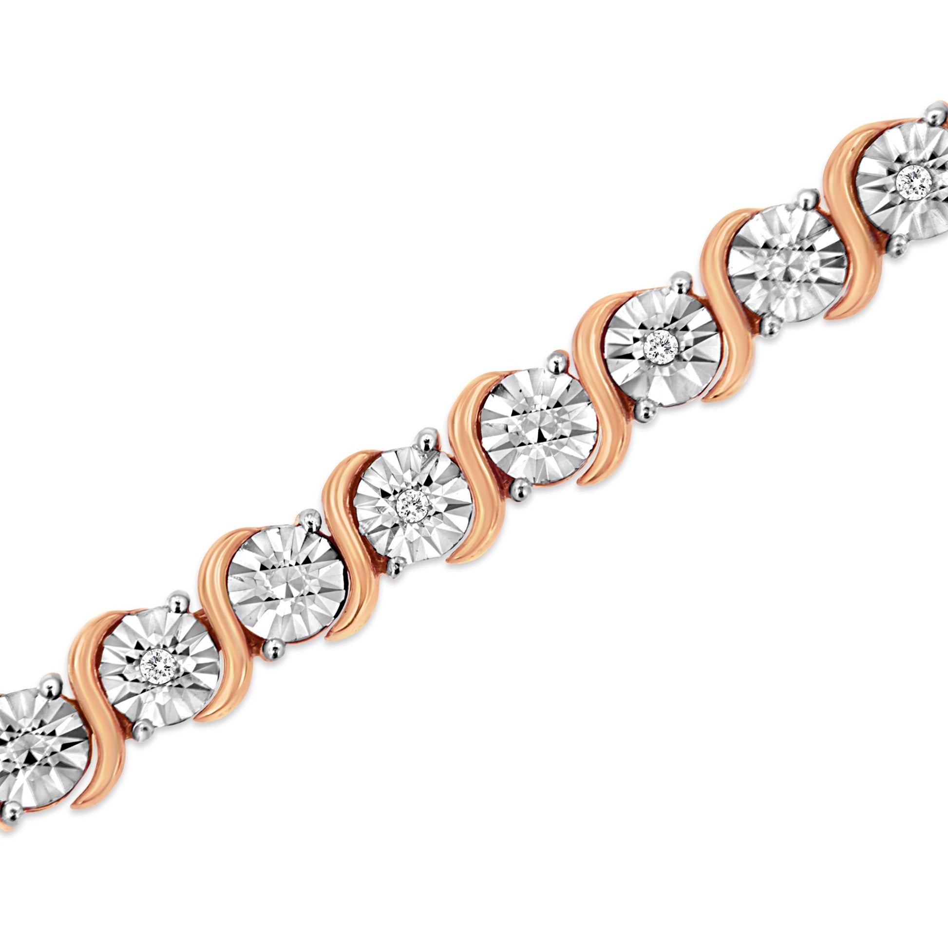 Bracelet with round white gemstones in miracle setting alternating with curved rose metal accents, angled view.