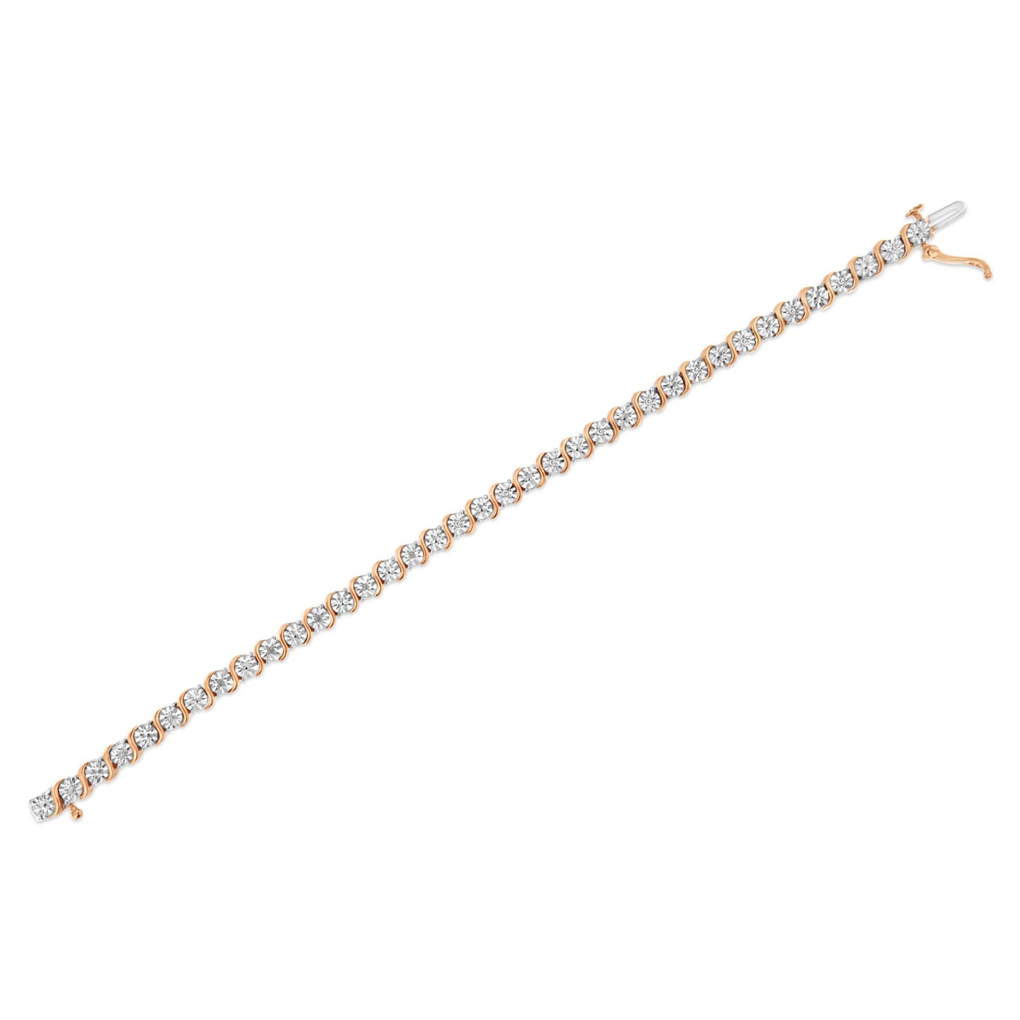 Rose metal bracelet with round white gemstones in a miracle setting, shown in a straight angle.