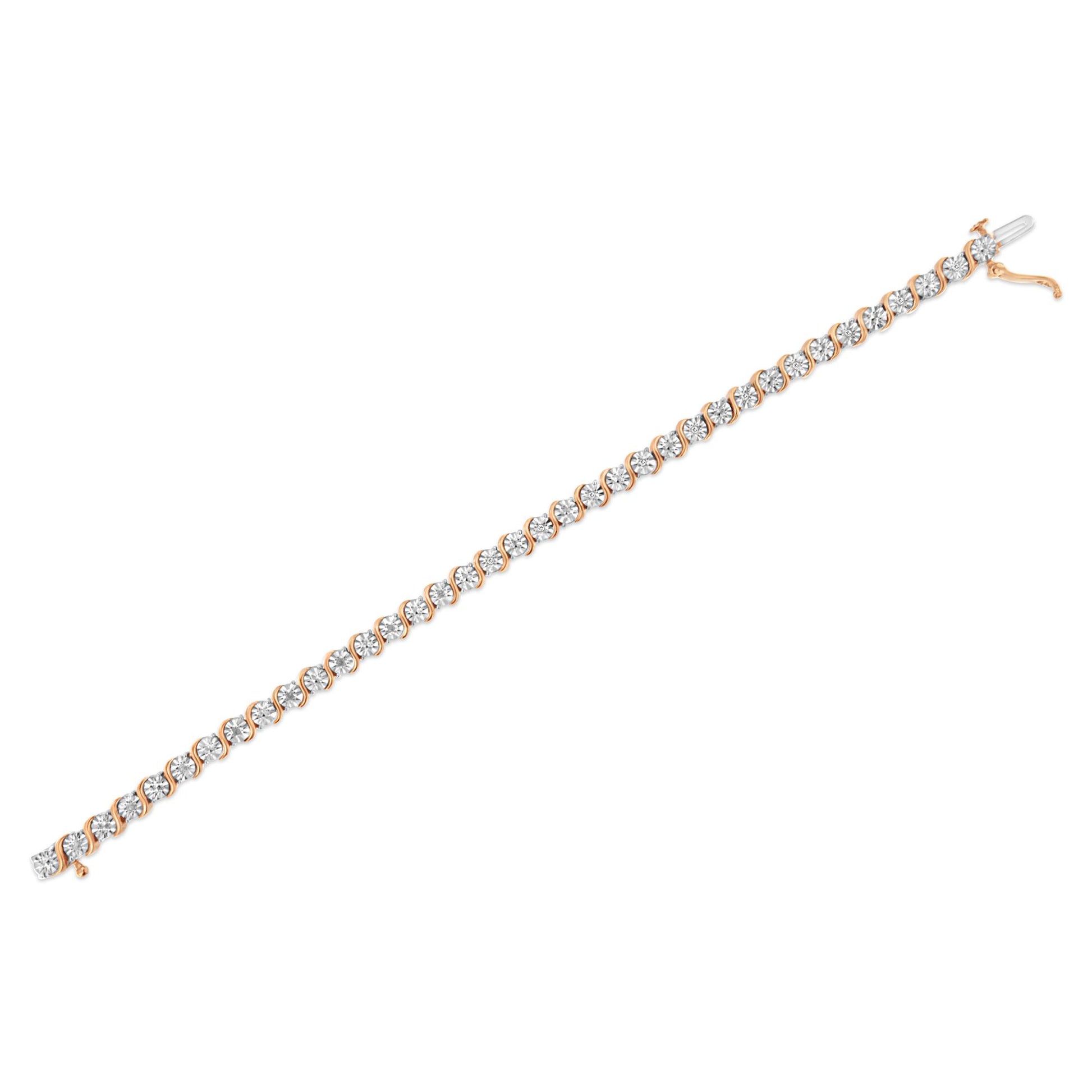 Rose metal bracelet with round white gemstones in a miracle setting, shown in a straight angle.