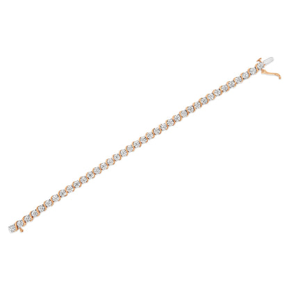 Rose metal bracelet with round white gemstones in a miracle setting, shown in a straight angle.