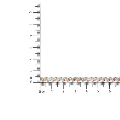 Close-up front view of a rose metal bracelet with round white gemstones in miracle settings, placed on a ruler for size reference.