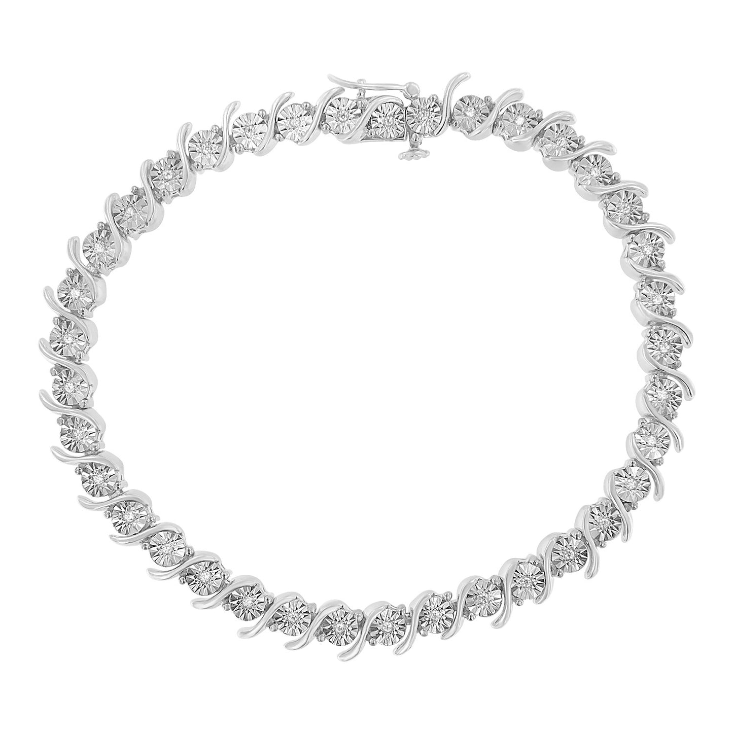 Top-down view of a white metal bracelet with round white gemstones set in an alternating swirl pattern.