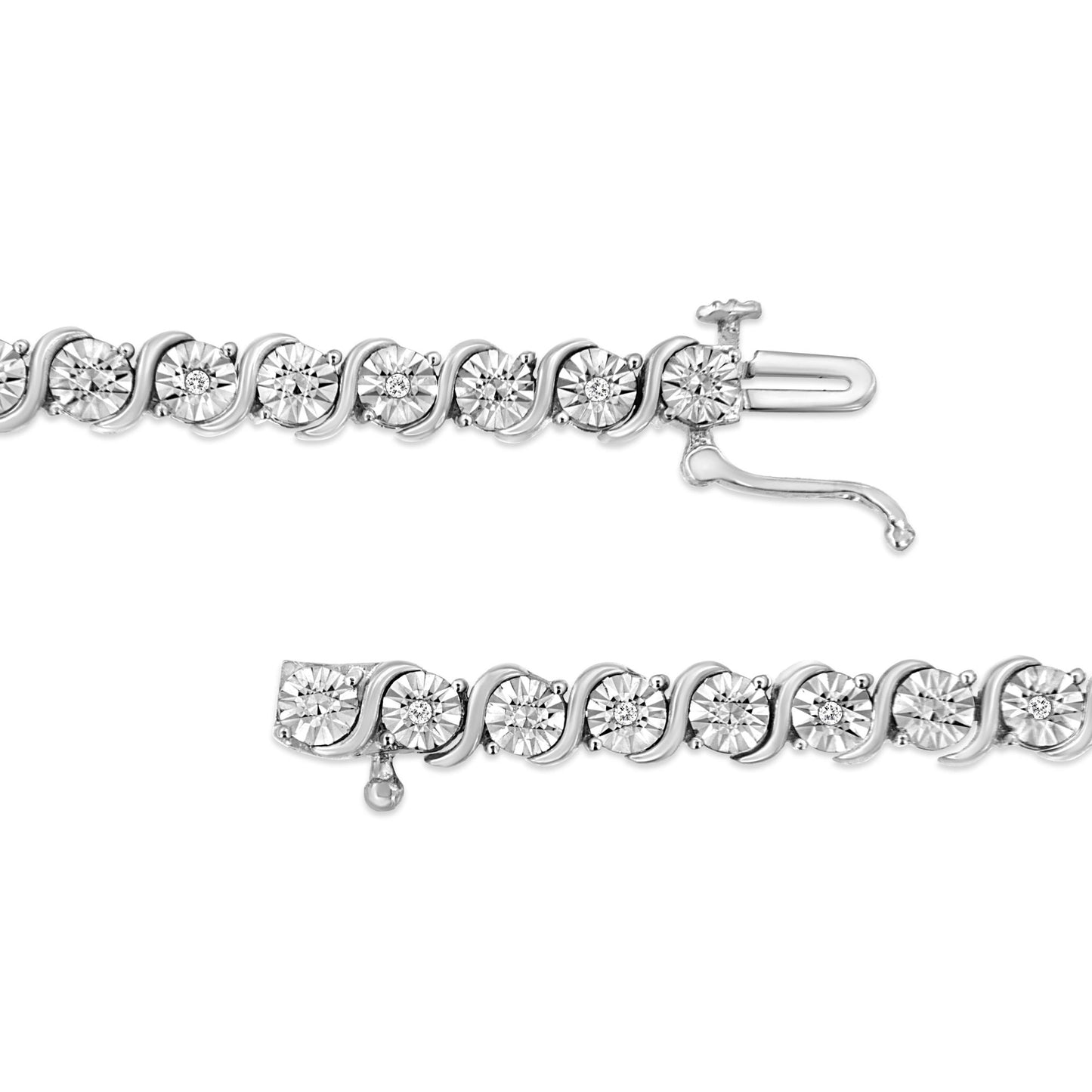 Close-up side view of a white metal bracelet featuring round white gemstones in a miracle setting, showing the clasp open and the bracelet laid flat.