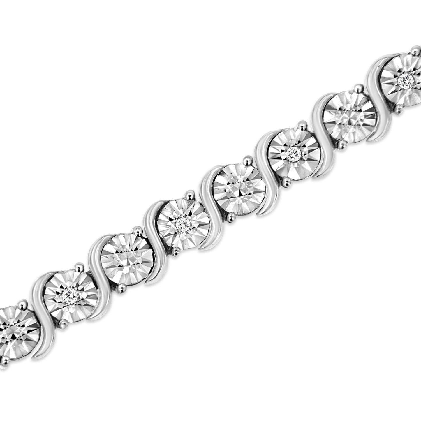 Close-up diagonal shot of a white metal bracelet featuring round white gemstones in a miracle setting alternating with smooth curved links.
