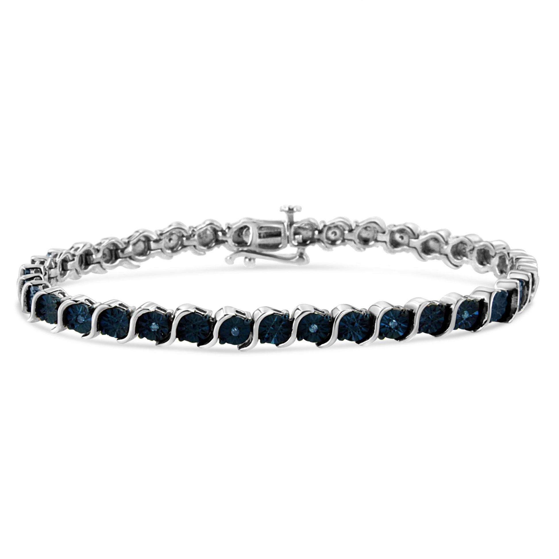 White bracelet with round blue gemstones in miracle settings, shown from a front angle on a white background.