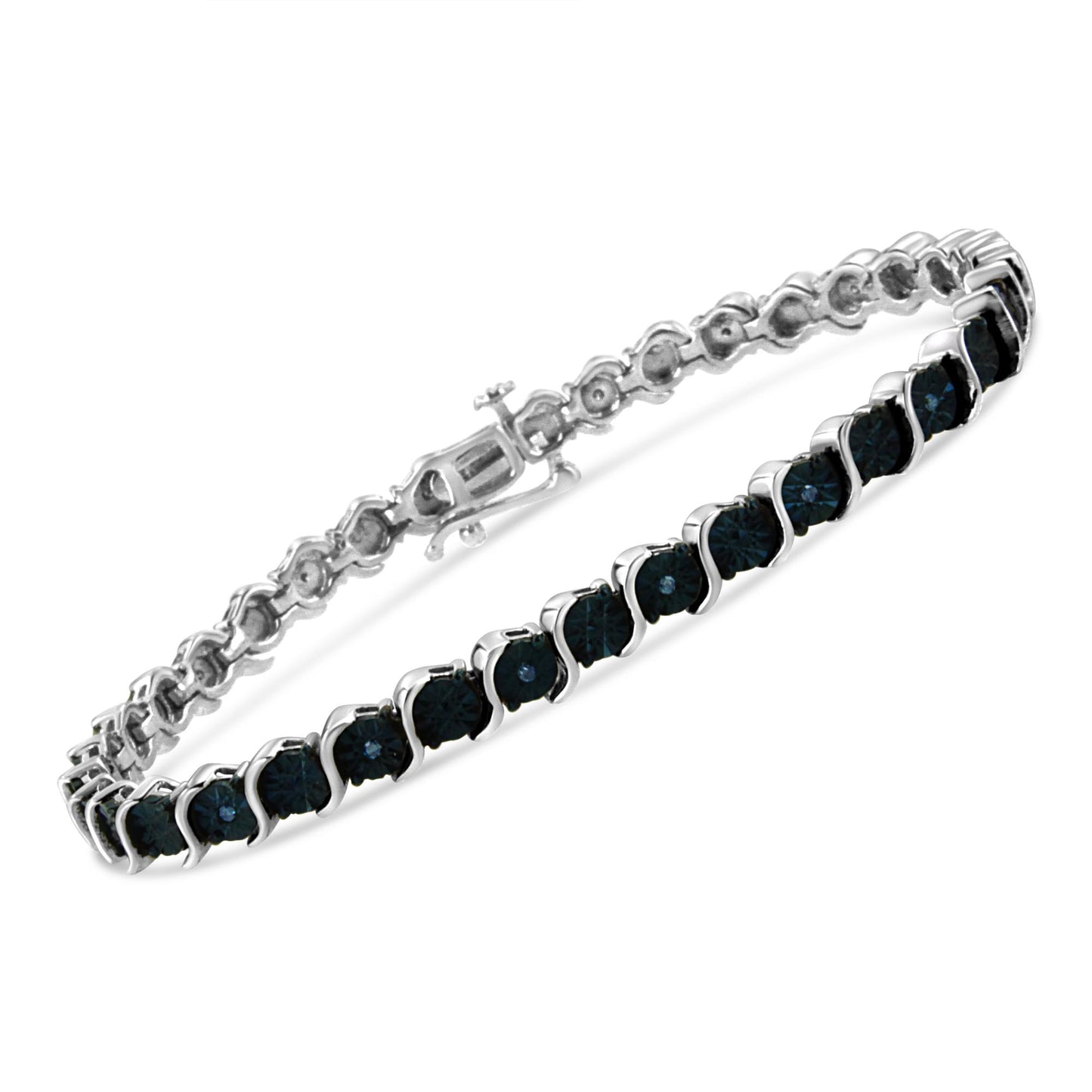 White metal bracelet with round blue gemstones in miracle setting, shown from an angled top view.