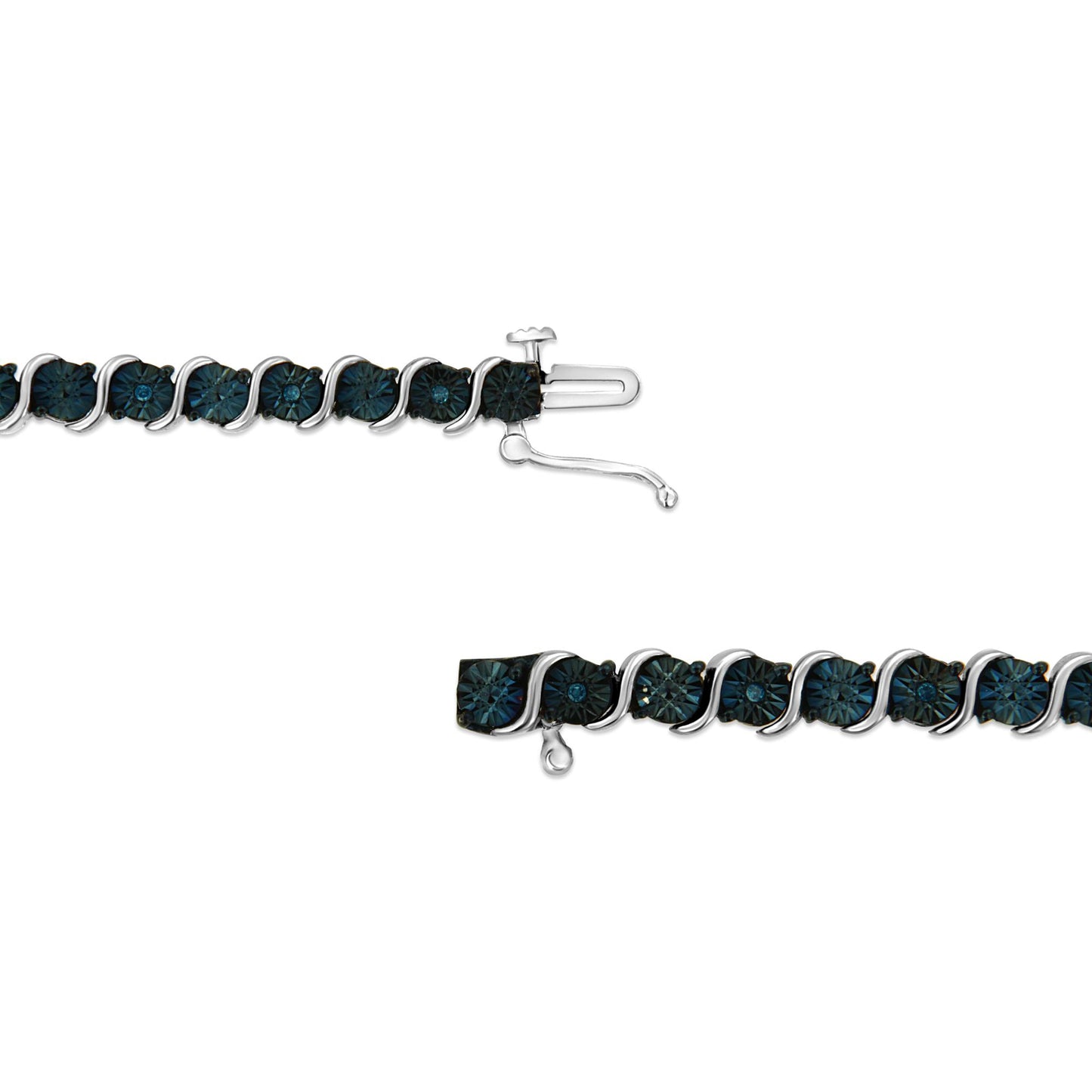 Close-up of a white bracelet with round blue gemstones in a miracle setting, shown horizontally with clasp open, angled from the front.