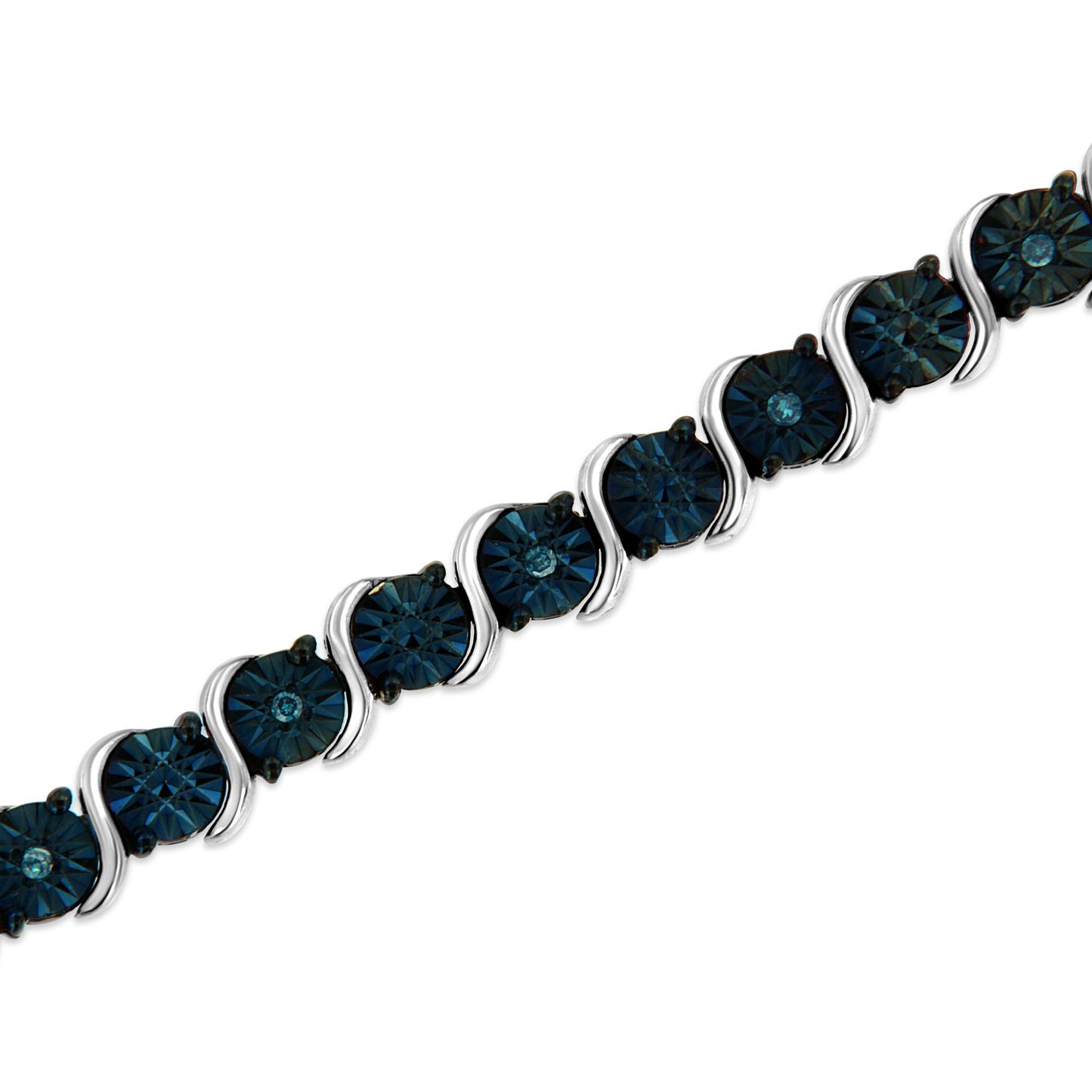 Close-up angled shot of a white metal bracelet featuring round blue gemstones in a miracle setting.