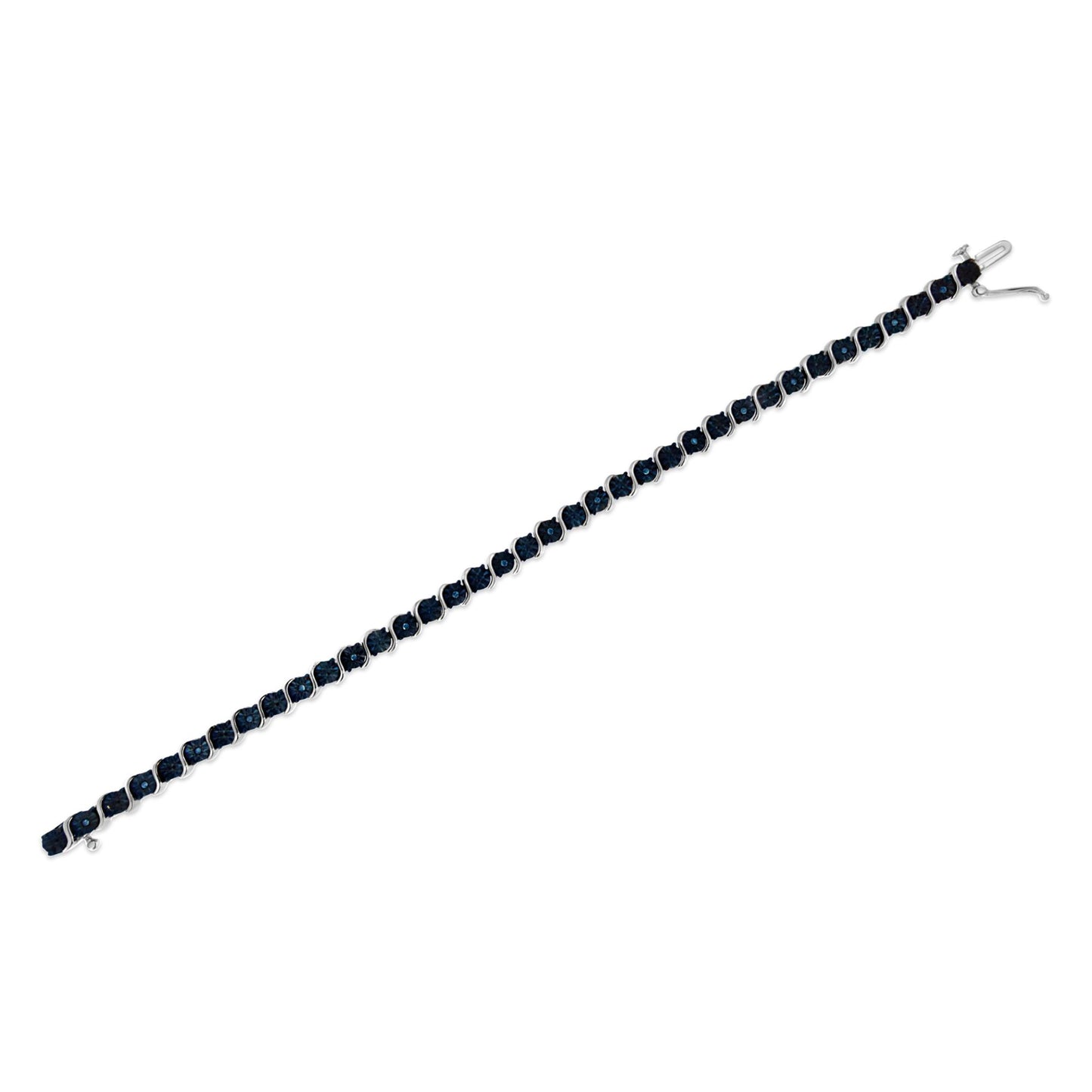 White bracelet shown in a diagonal angle with round blue gemstones in a miracle setting along its length.