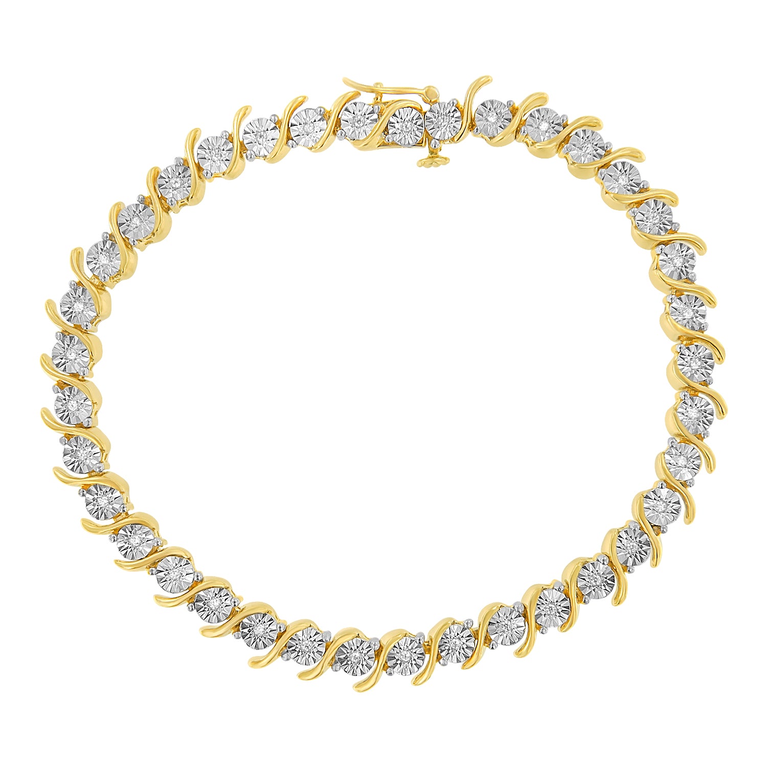 Top-down view of a yellow metal bracelet featuring round white gemstones in a wavy setting.