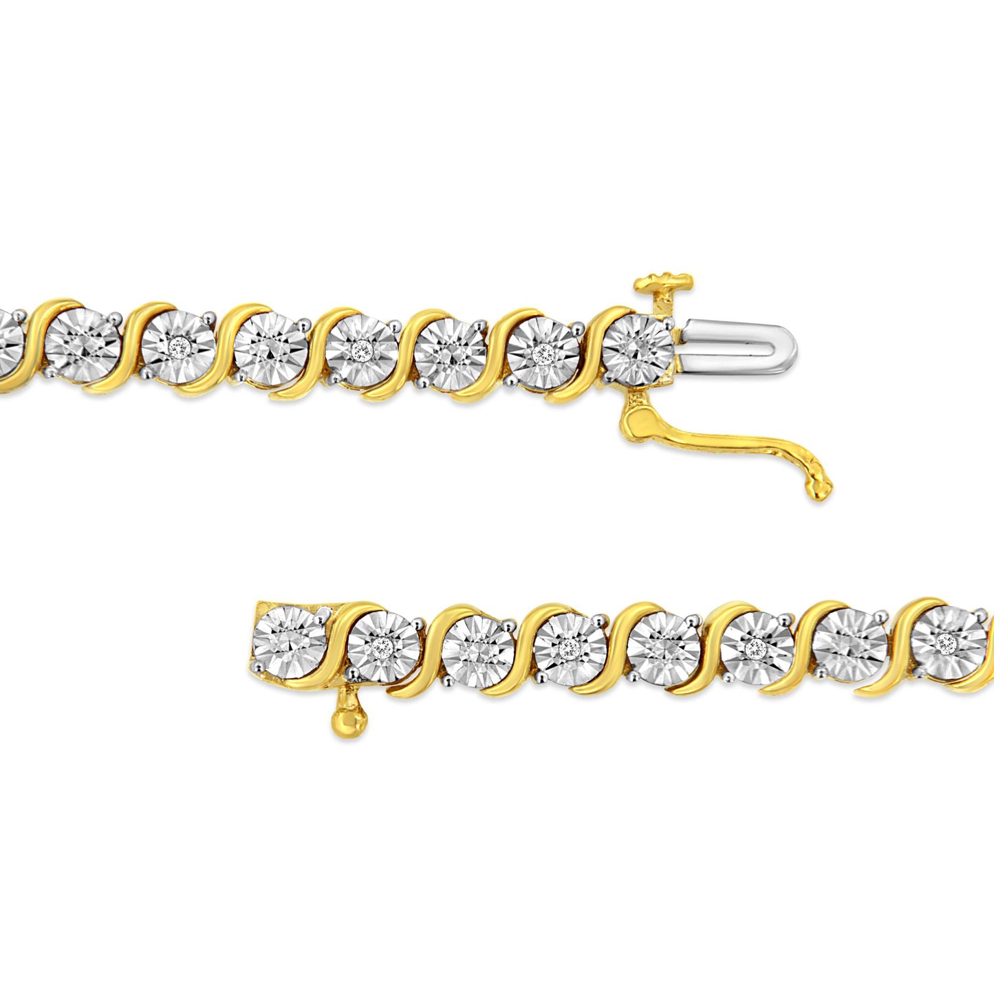 Close-up side view of a yellow bracelet with round white gemstones in a miracle setting, showing the clasp open and the bracelet laid out flat.
