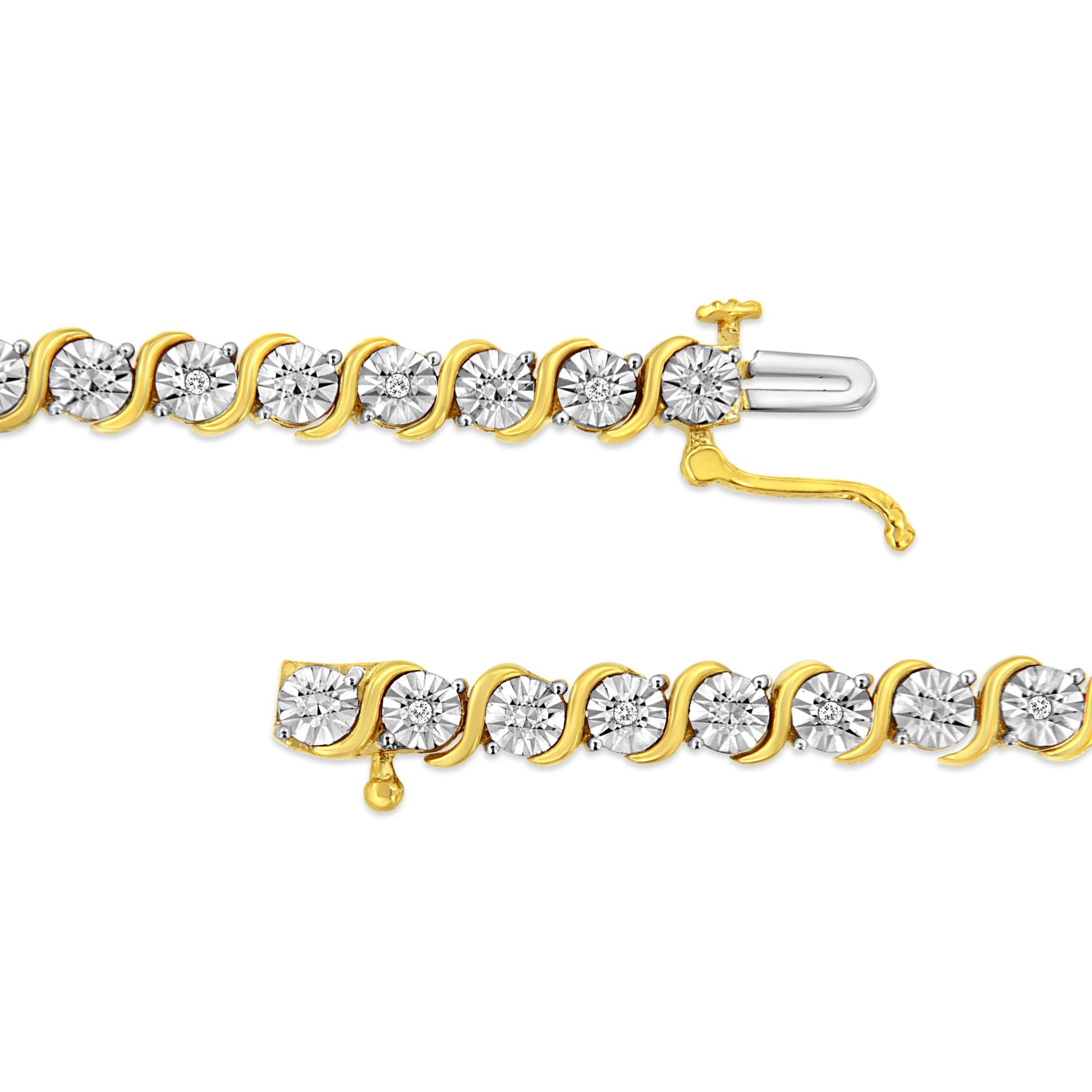 Close-up side view of a yellow bracelet with round white gemstones in a miracle setting, showing the clasp open and the bracelet laid out flat.