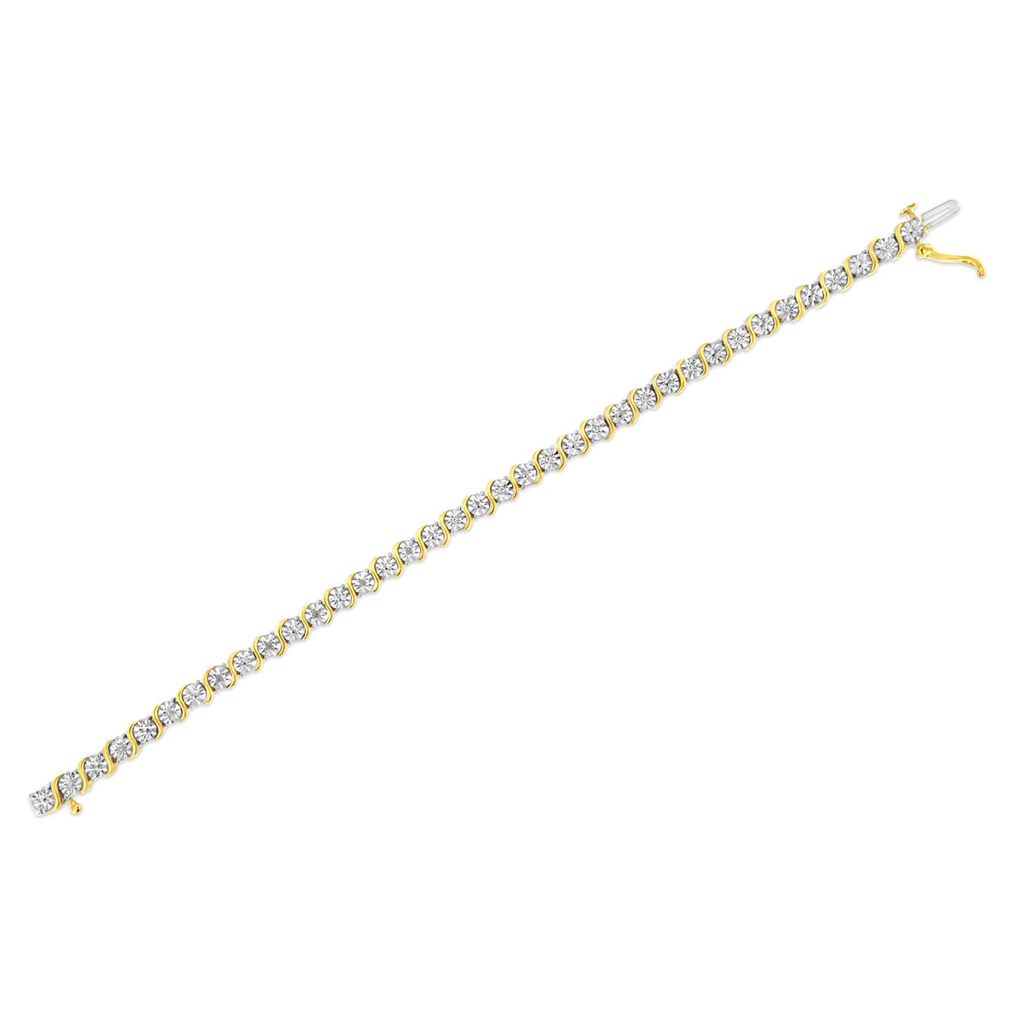 Yellow metal bracelet with round white gemstones in a miracle setting, shown flat at a slight diagonal angle on a white background.