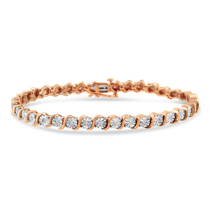 Rose metal bracelet with round white gemstones in a miracle setting, shown from a slight top front angle.