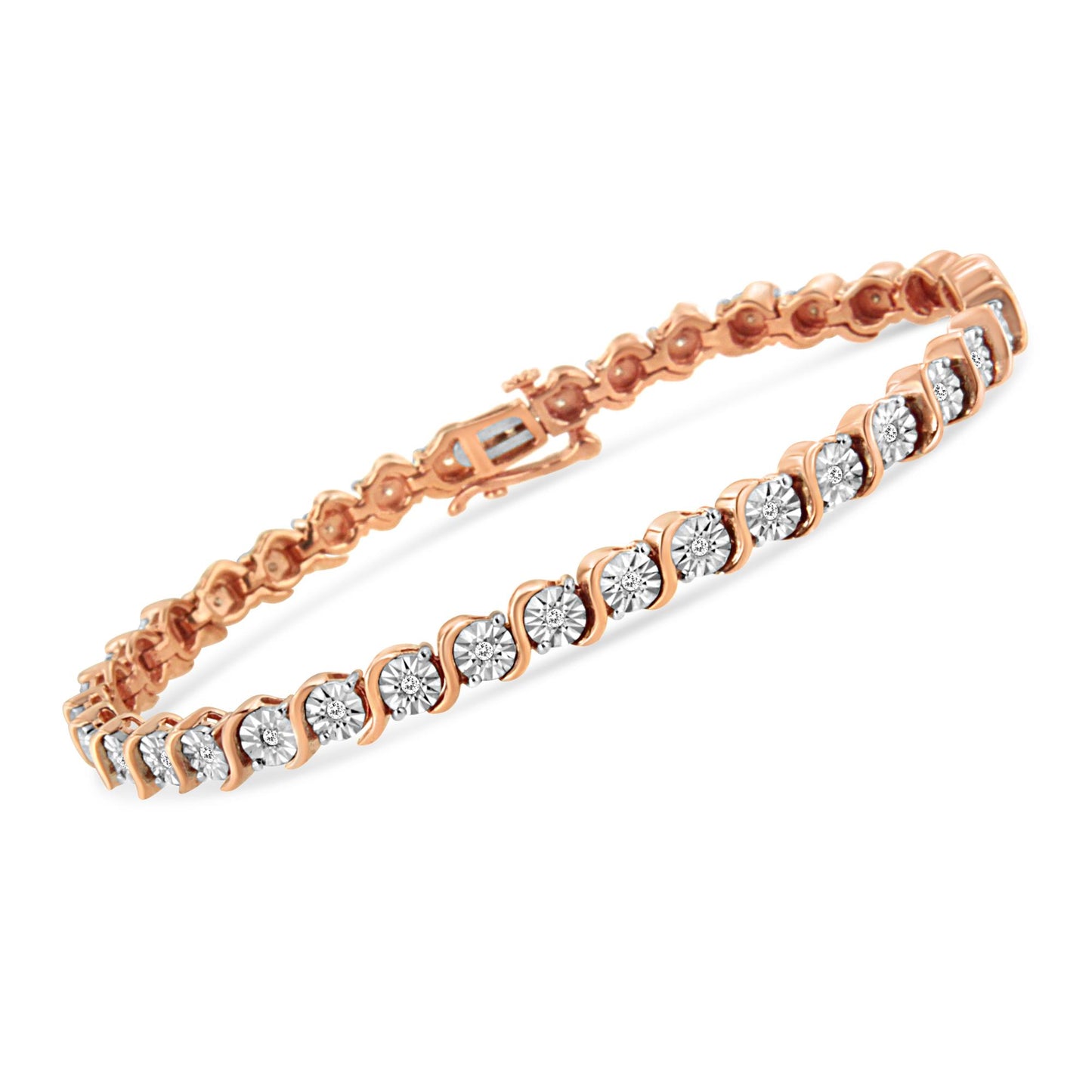 Rose metal bracelet with round white gemstones in a miracle setting, angled shot on a white background.