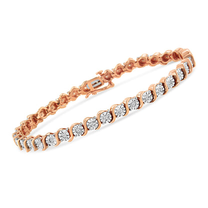 Rose metal bracelet with round white gemstones in a miracle setting, angled shot on a white background.