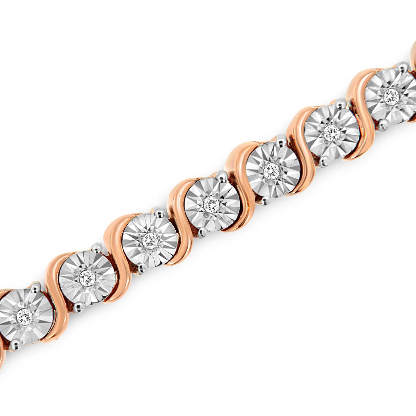 Close-up diagonal view of a rose-colored bracelet featuring round white gemstones in a miracle setting.