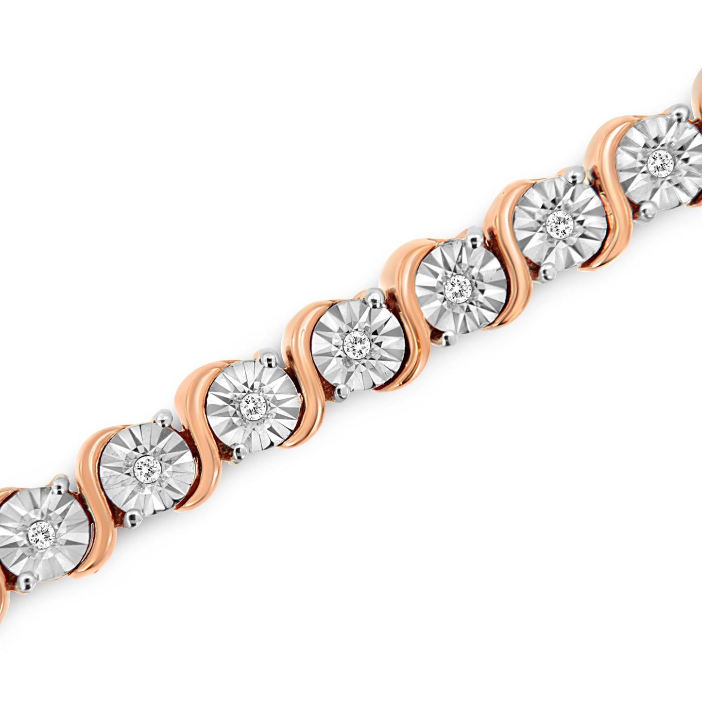 Diagonal close-up of a rose metal bracelet featuring round white gemstones in miracle settings alternating with curved metal accents.