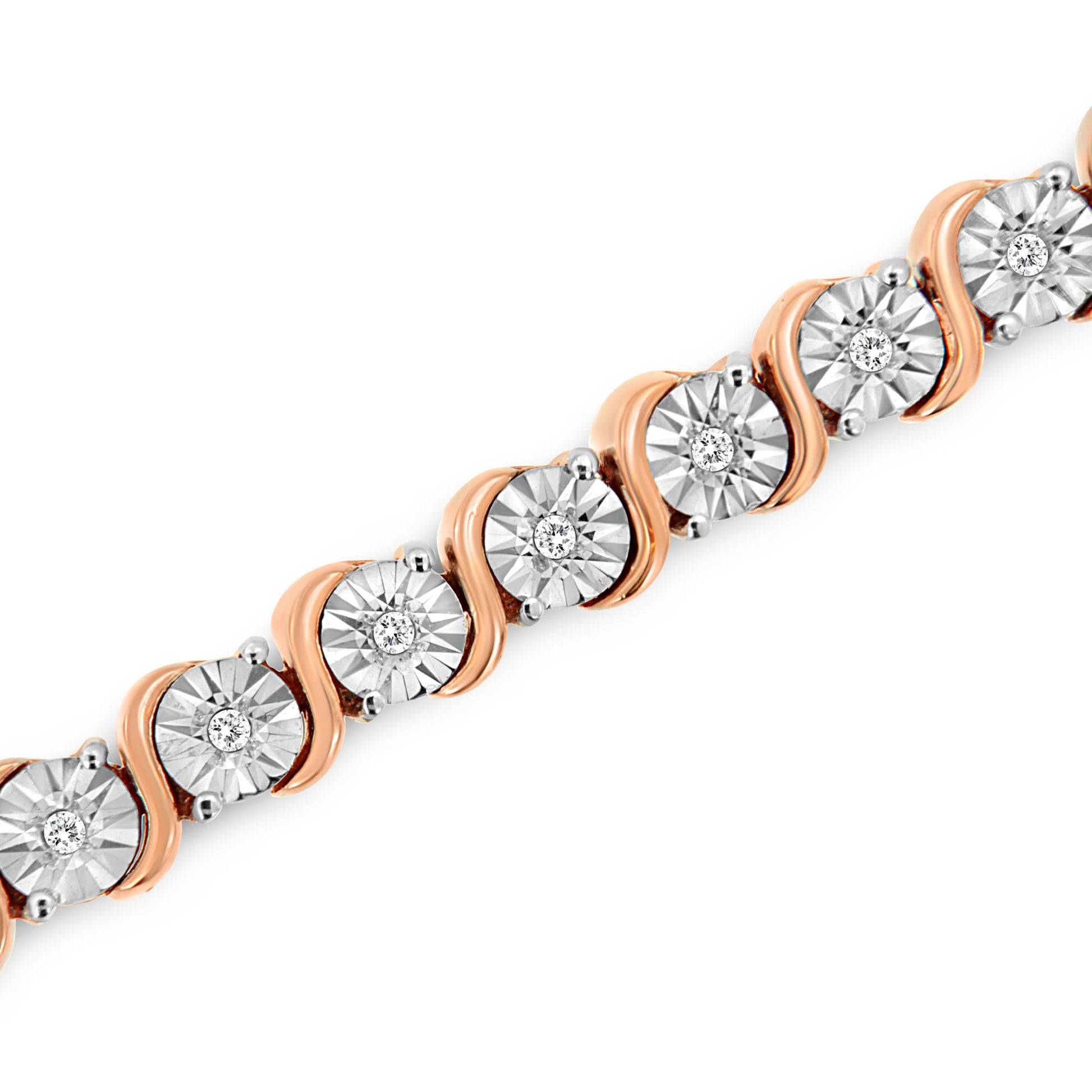 Diagonal close-up of a rose metal bracelet featuring round white gemstones in miracle settings alternating with curved metal accents.