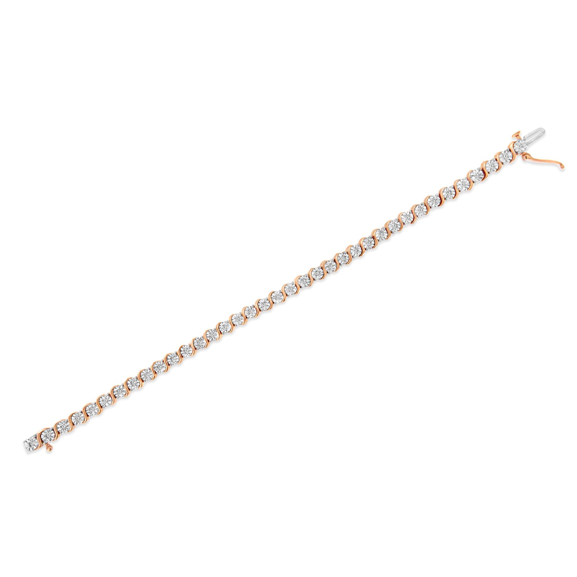 Rose-colored bracelet shown flat from a top-down angle, featuring round white gemstones set in a miracle setting along its length.