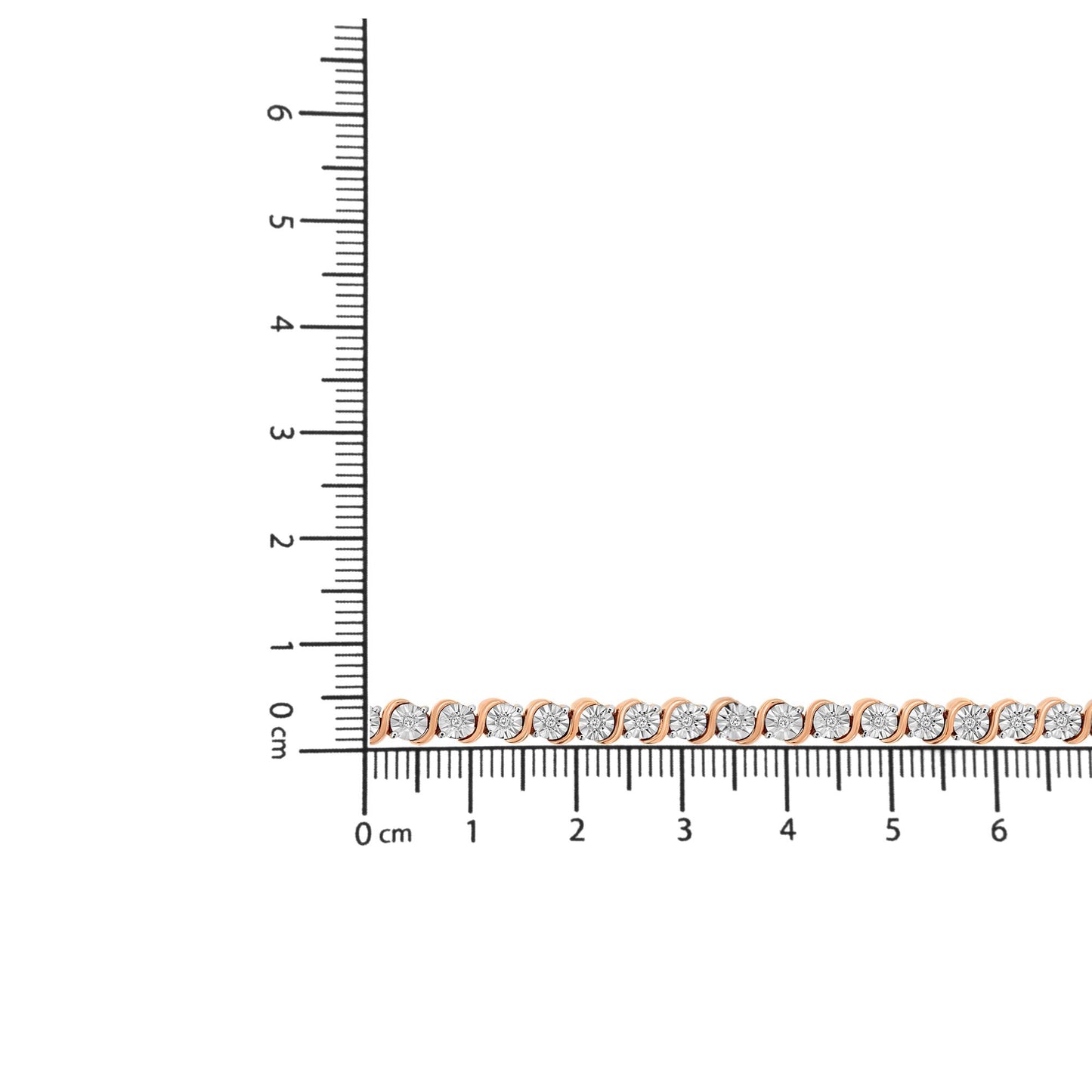 Rose metal bracelet with round white gemstones in a miracle setting, photographed on a ruler for size reference with a front-facing angle.