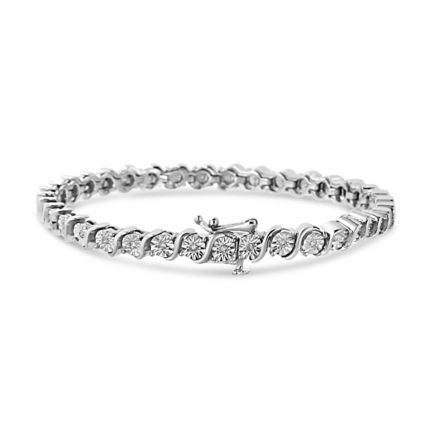 White metal bracelet with round white gemstones in miracle setting, shown in a front-facing close-up angle.