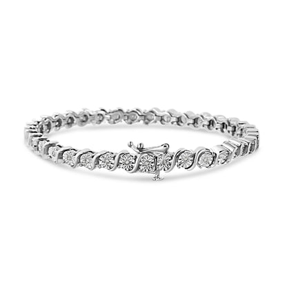 White metal bracelet with round white gemstones in miracle setting, shown in a front-facing close-up angle.
