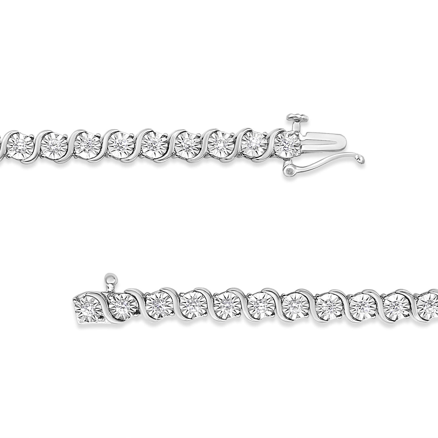 Close-up top-down view of a white metal bracelet with round white gemstones in a wavy pattern, showing the clasp.