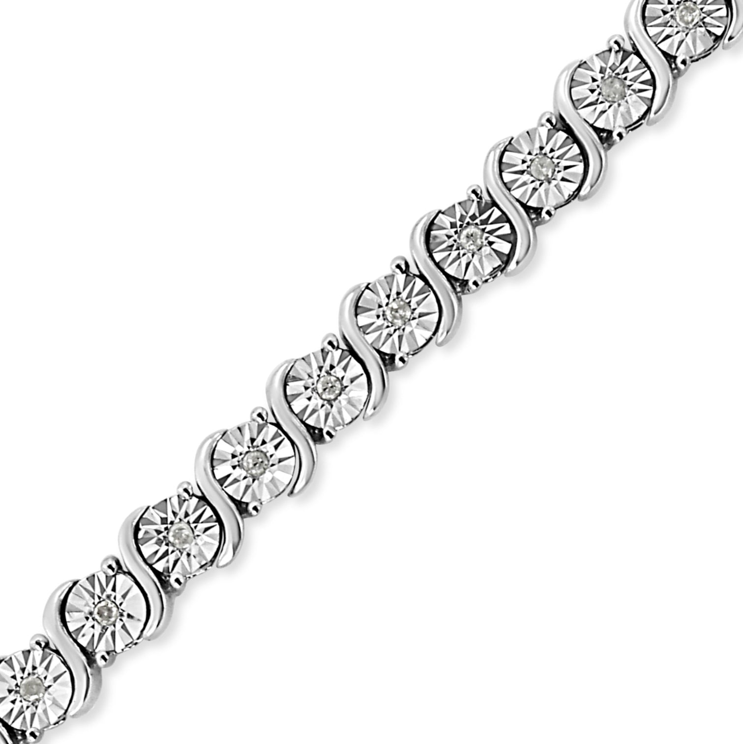 Close-up angled view of a white metal bracelet featuring round white gemstones in miracle settings arranged in a continuous pattern.