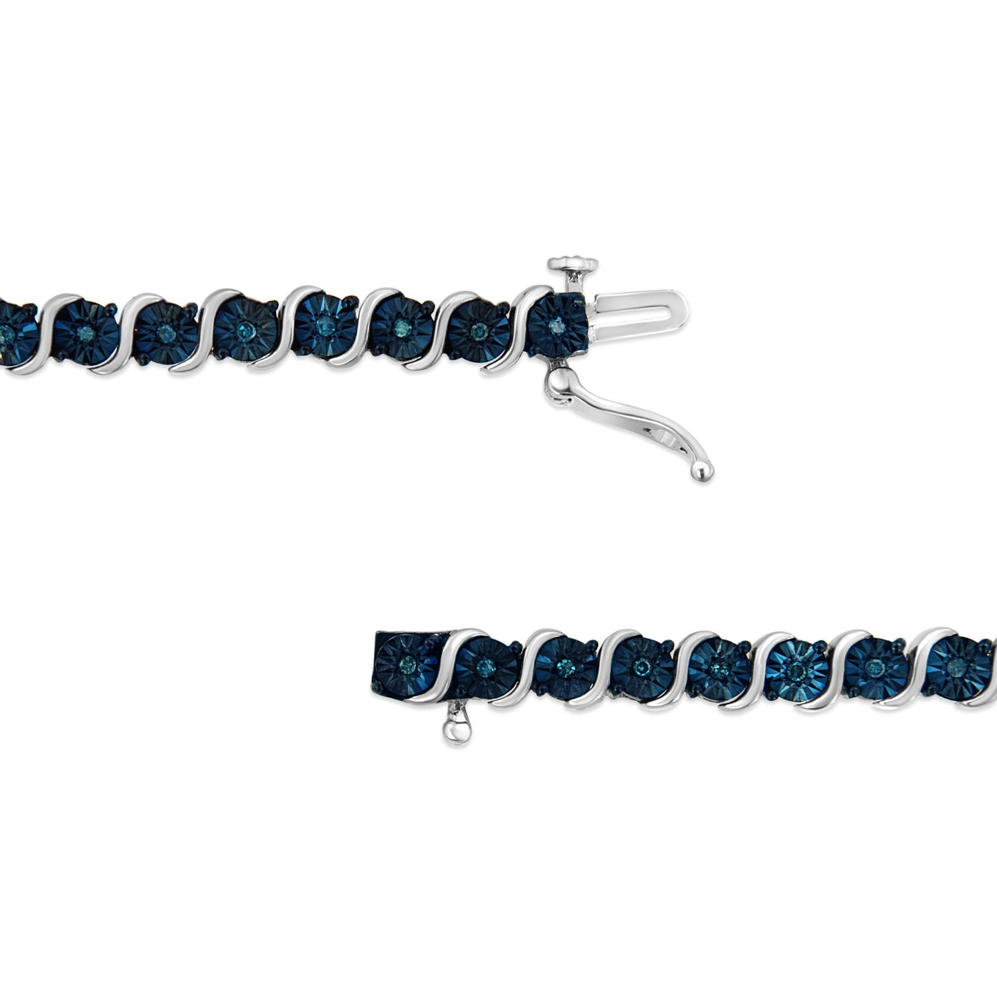 Close-up image of a white metal bracelet with round blue gemstones in a miracle setting, shown from the top angle with the clasp visible.
