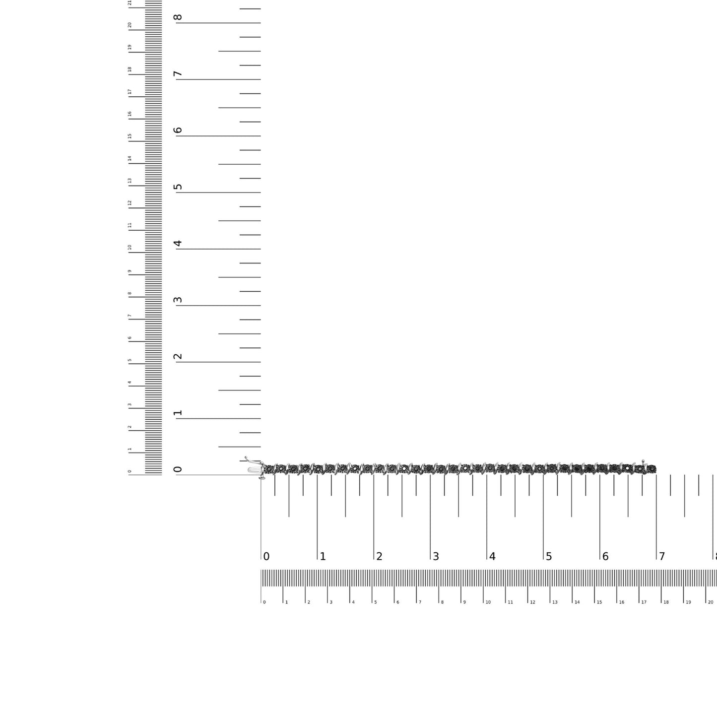 White bracelet with round black gemstones in miracle setting, laid flat on a ruler and scale for size reference, top-down angle.