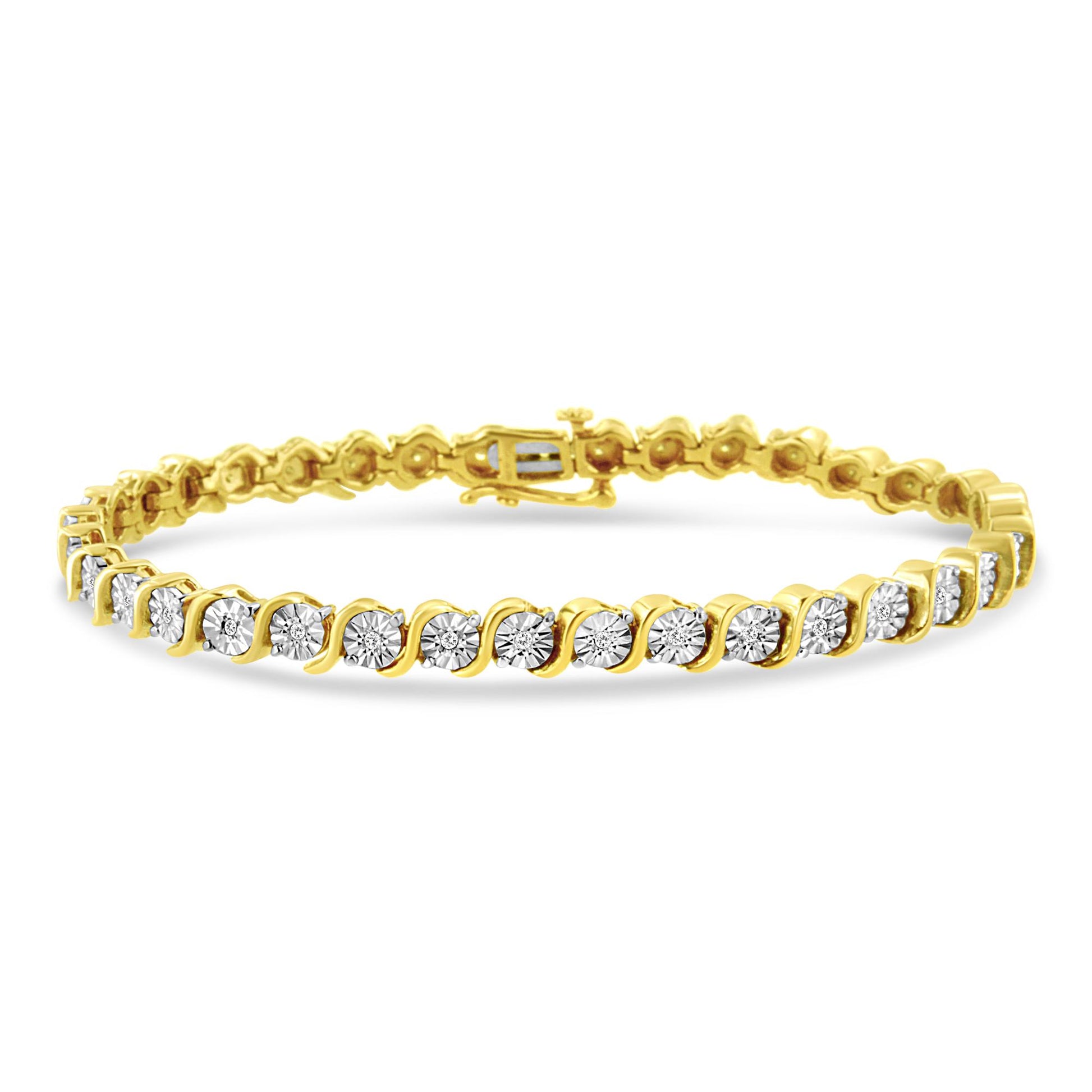 Yellow bracelet with round white gemstones in a miracle setting, photographed from a front angle.