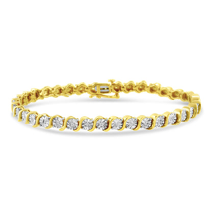 Yellow bracelet with round white gemstones in a miracle setting, photographed from a front angle.