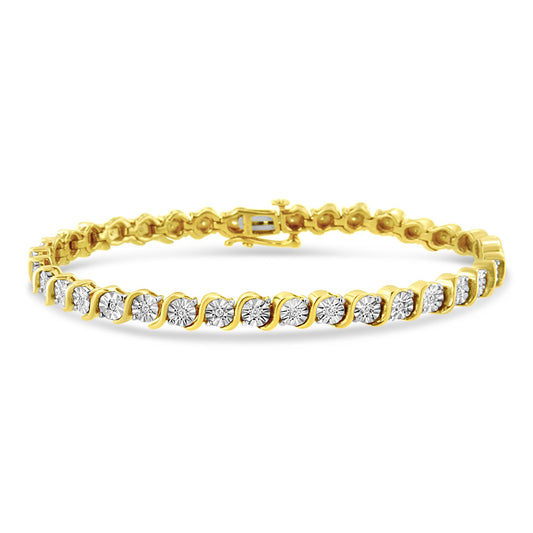Yellow bracelet with round white gemstones in a miracle setting, photographed from a front angle.