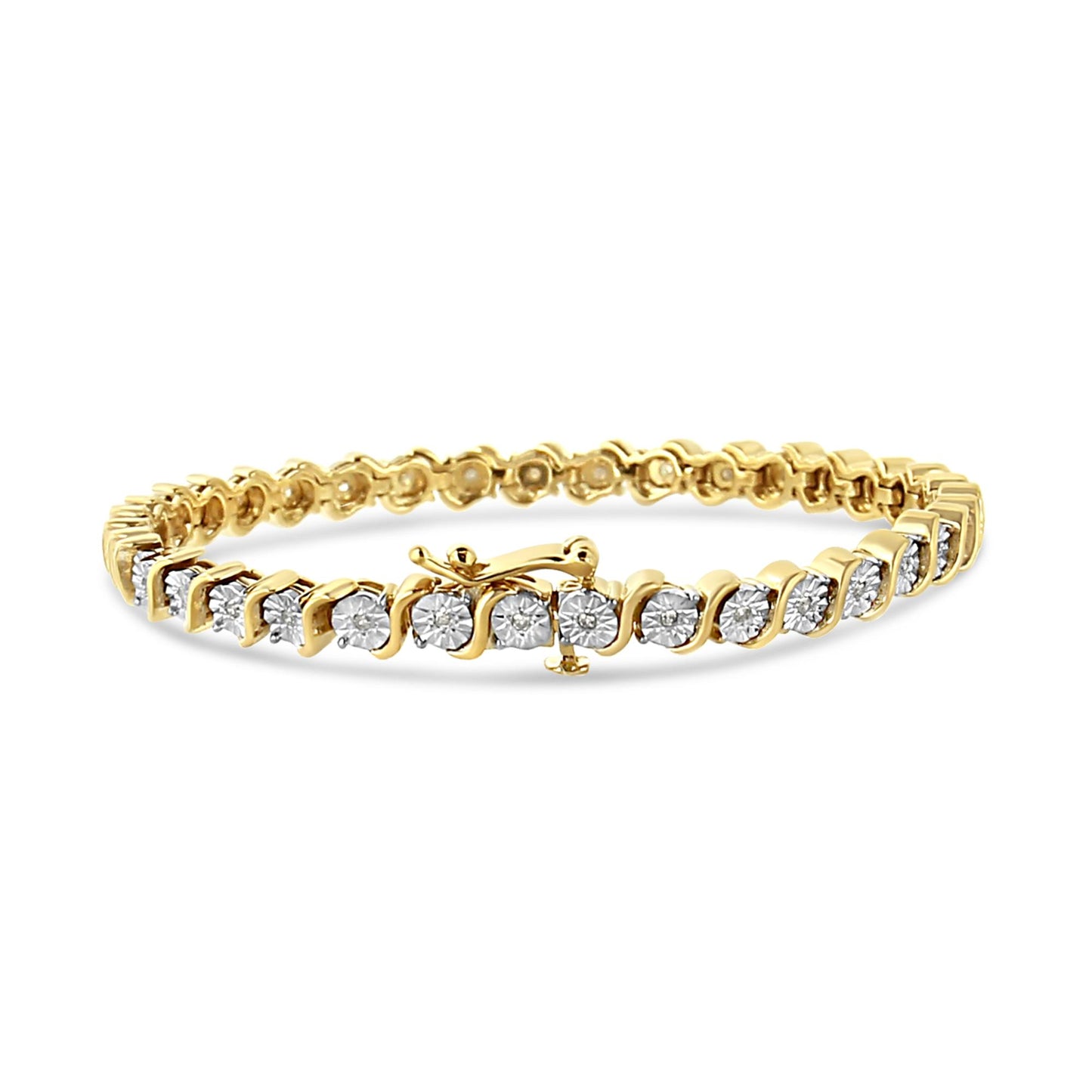 Yellow bracelet with round white gemstones in miracle setting, shown at a slight angle on a white background.