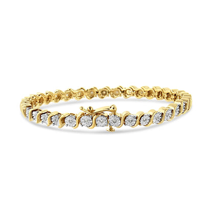 Yellow bracelet with round white gemstones in miracle setting, shown at a slight angle on a white background.