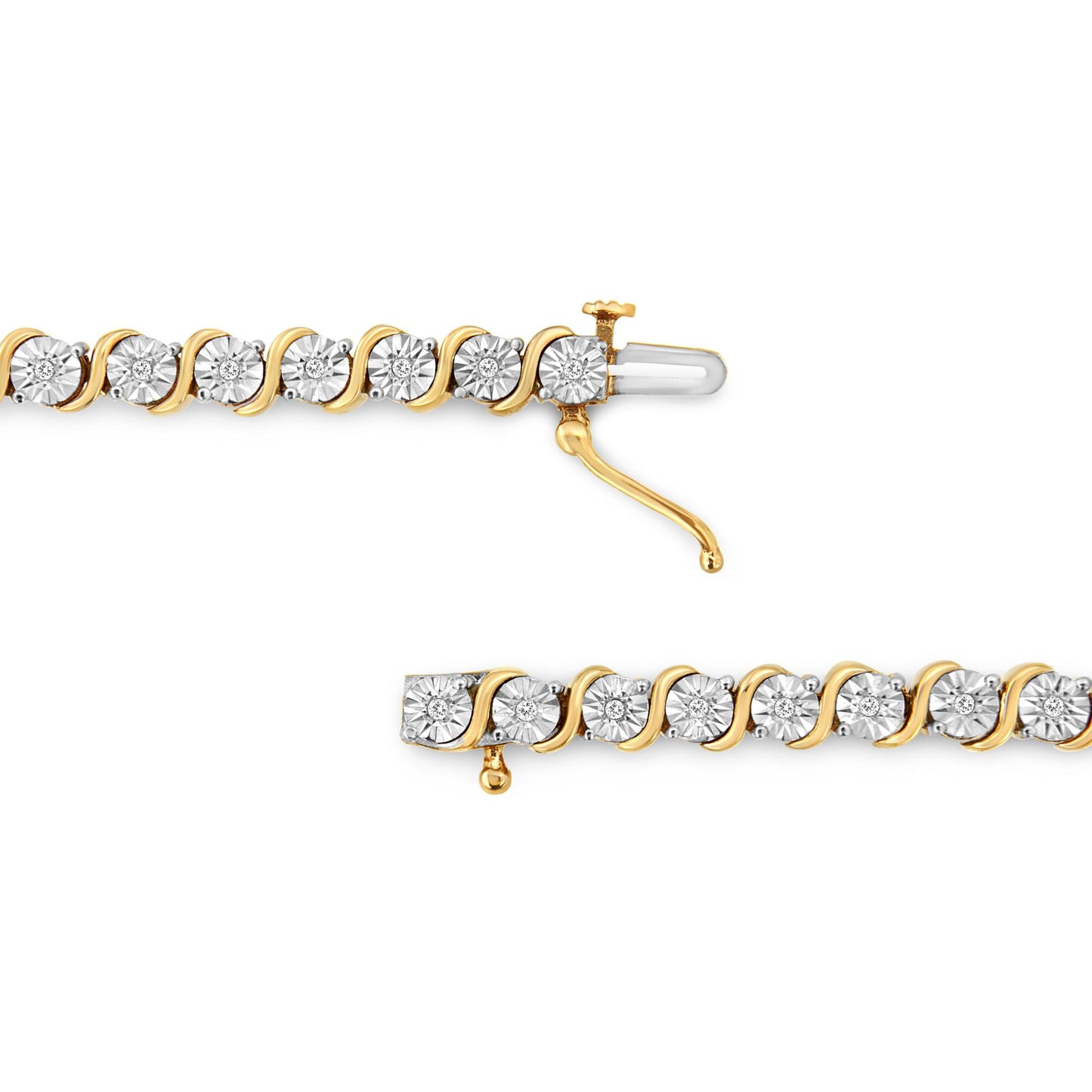 Yellow bracelet with round white gemstones in a miracle setting, shown close-up from top angle with clasp open.