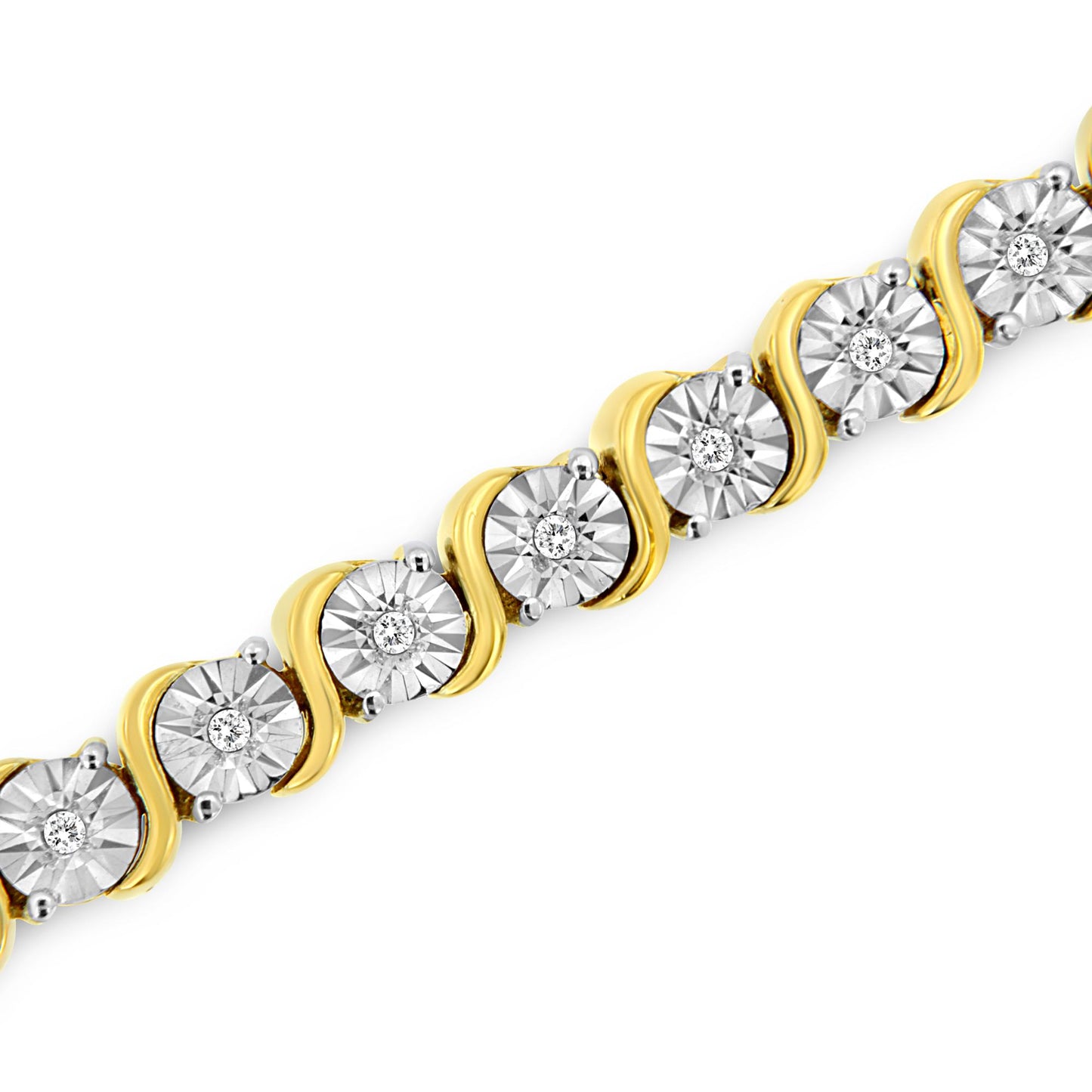 Diagonal close-up of a yellow metal bracelet featuring round white gemstones with a miracle setting.