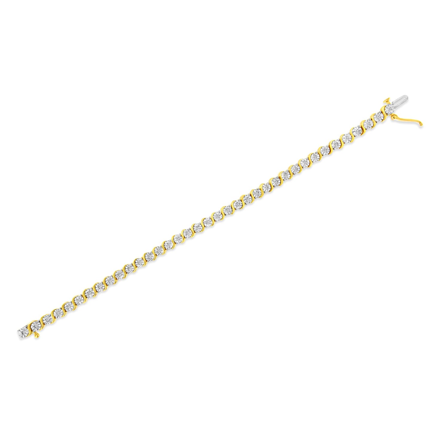Yellow bracelet with round white gemstones in a miracle setting, shown from a top angle on a white background.