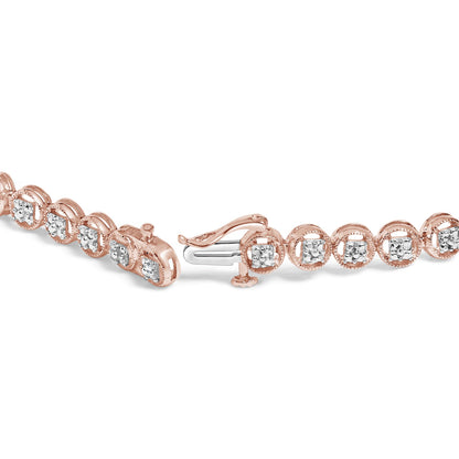 Close-up front angle of a rose metal bracelet with round white gemstones in prong settings, featuring a clasp in view.