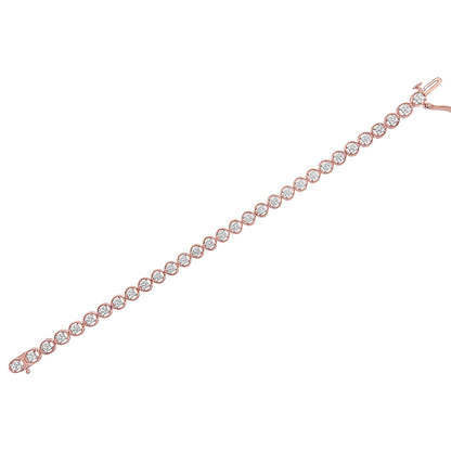 Rose metal bracelet with round white gemstones in prong settings, shown in a flat angled top-down view.