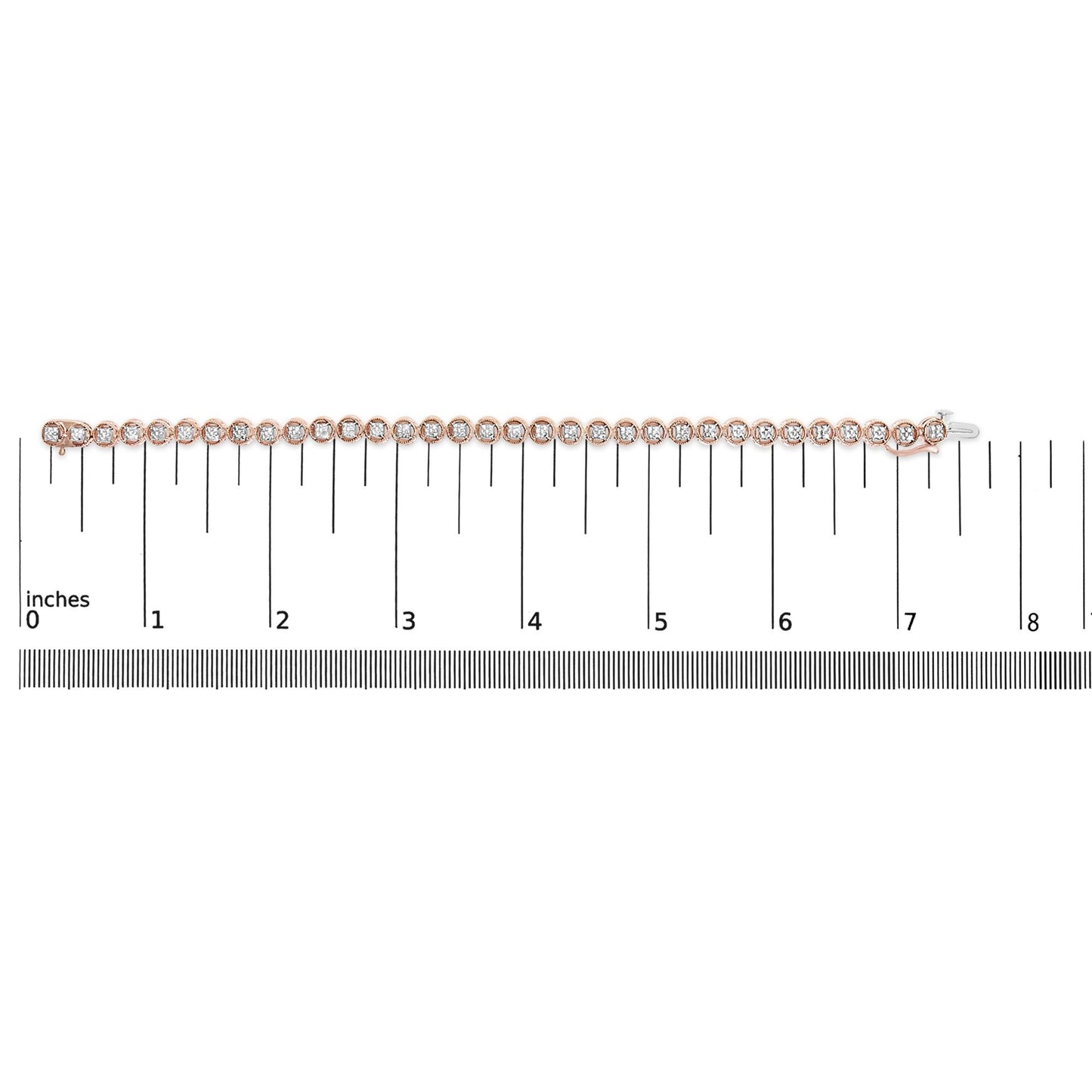 Top-down view of a rose-colored bracelet with round white gemstones in prong settings, placed on a ruler for size reference.