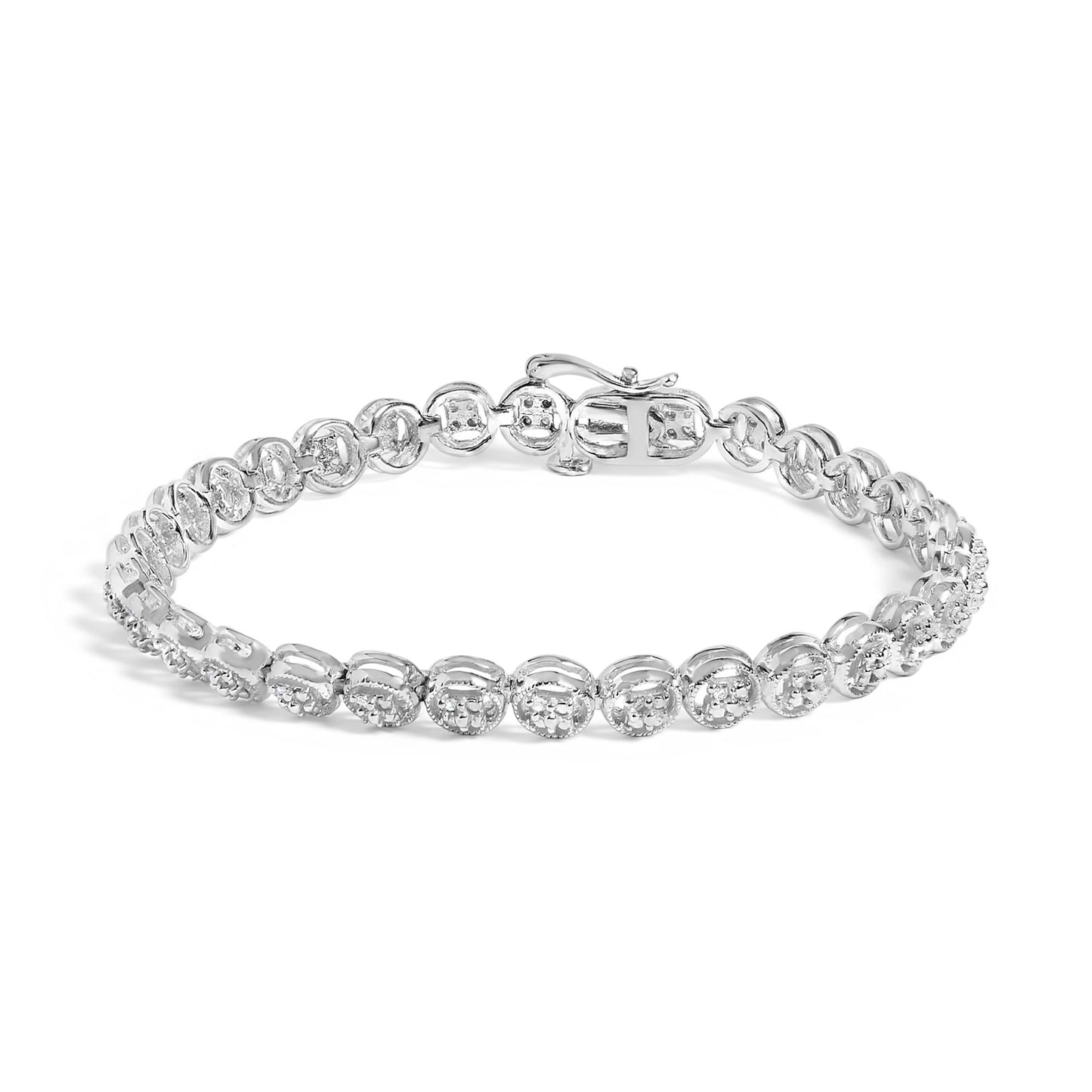 White metal bracelet with round white gemstones in prong settings, shown in a front angled view on a white background.